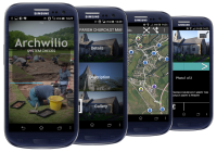 Four screens from the Archwillio application shown on black colored smartphones. Click to enlarge.